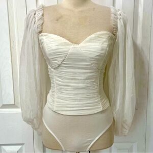 NWT Lace and Beads Elegant White Ruched Top Bodysuit with Sheer long Sleeve